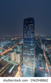 Beijing, China - Apr 1, 2021: Aerial View Of The City Skyline Of China World Trade Center In Beijing At Dusk In A Cloudy Day