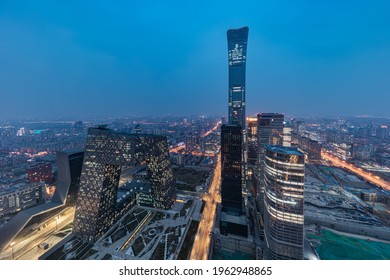 Beijing, China - Apr 1, 2021: Aerial View Of The City Skyline Of China World Trade Center In Beijing At Dusk In A Cloudy Day