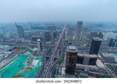 Beijing, China - Apr 1, 2021: Aerial View Of The City Skyline Of China World Trade Center In Beijing At Dusk In A Cloudy Day