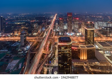 Beijing, China - Apr 1, 2021: Aerial View Of The City Skyline Of China World Trade Center In Beijing At Dusk In A Cloudy Day