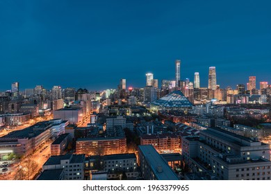 Beijing, China - Apr 1, 2021: Aerial View Of The City Skyline Of China World Trade Center In Beijing At Night