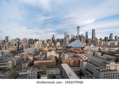 Beijing, China - Apr 1, 2021: Aerial View Of The City Skyline Of China World Trade Center In Beijing At Dusk