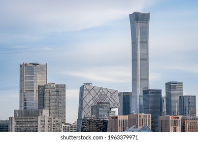 Beijing, China - Apr 1, 2021: Aerial View Of The City Skyline Of China World Trade Center In Beijing At Dusk