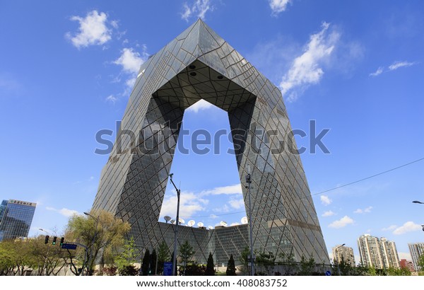 BEIJING, CHINA - APRIL 17, 2016: China Central\
Television (CCTV) Headquarters at Beijingâ??s Central Business\
District;  it\'s a 234 m skyscraper. CCTV is the National TV station\
of China.