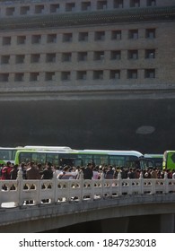 Beijing, China - April 3, 2012 : People Are Lining Up For Buses On Golden Week.