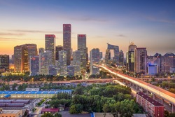 Pekin, Chiny Panoramę Miasta W Central Business District O Zachodzie Słońca.