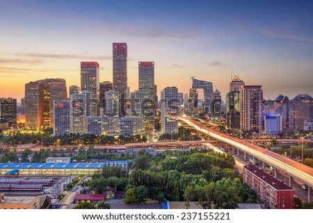 Beijing, China city skyline in the Central Business District at sunset.