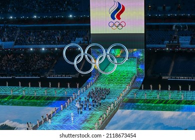 BEIJING, CHINA - FEBRUARY 04: Flag bearers Olga Fatkulina and Vadim Shipachyov of Team ROC carry their flag during the Opening Ceremony of the Beijing 2022 Winter Olympics 
