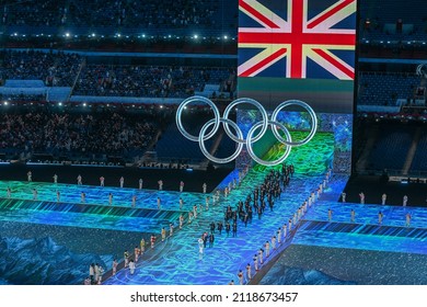 BEIJING, CHINA - FEBRUARY 04: Flag bearers Eve Muirhead and Dave Ryding of Team Great Britain carry their flag during the Opening Ceremony of the Beijing 2022 Winter Olympics 