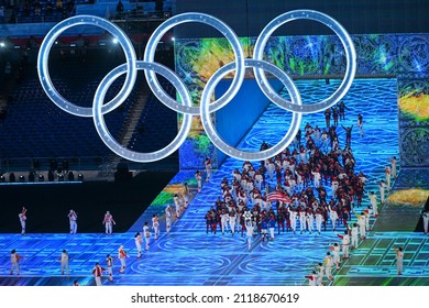 BEIJING, CHINA - FEBRUARY 04: Team USA enters the stadium during the Opening Ceremony of the Beijing 2022 Winter Olympics at the Beijing National Stadium