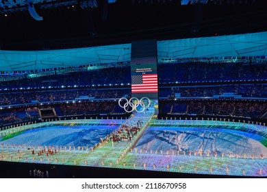 BEIJING, CHINA - FEBRUARY 04: Team USA Enters The Stadium During The Opening Ceremony Of The Beijing 2022 Winter Olympics At The Beijing National Stadium