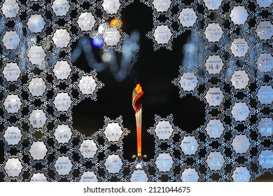 Beijing, China - February 10, 2022: Close-up of the Olympic flame of the Beijing Olympics