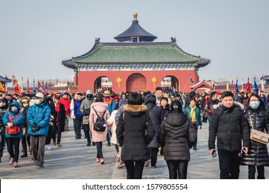 Beijing, China - February 6, 2019: Crowd Danbi Bridge in front of Hall of Prayer for Good Harvests in famous Temple of Heaven complex in Beijing