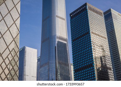 Beijing, China - February 9, 2019: Row Of High Office Buildings In CBD - Central Buisness District Of Beijing City, View With CITIC Tower