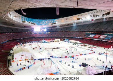 Beijing, China - Jan 5th 2021: Night View from inside the vast Bird’s Nest National Stadium preparing for the 2022 Beijing Winter Olympics and Paralympic Games