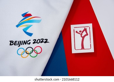 BEIJING, CHINA, JANUARY 1, 2022: Figure Skating Official olympic Pictogram for winter olympic game in Beijing 2022, China. Original Wallpaper, edit space