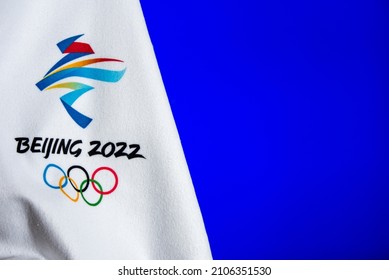 BEIJING, CHINA, JANUARY 1, 2022: Background for winter olympic game in Beijing 2022. Blue background