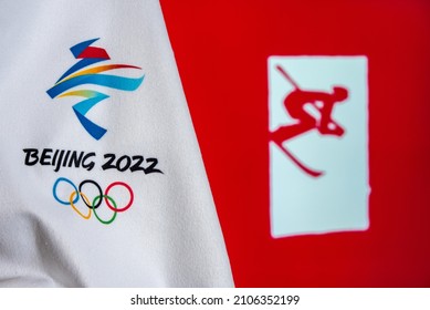 BEIJING, CHINA, JANUARY 1, 2022: Background for winter olympic game in Beijing 2022. Alpine Ski pictogram in background