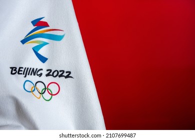 BEIJING, CHINA, JANUARY 1, 2022: Background for winter olympic game in Beijing 2022. Red background