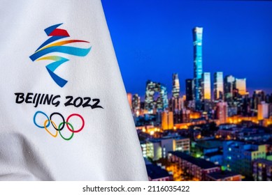 BEIJING, CHINA, JANUARY 1, 2022: Background for winter olympic game in Beijing 2022. Cityscape of Beijing in night, Silhouette of big buildings of China