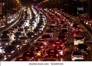 BEIJING, CHINA - JANUARY 21, 2017: Traffic jam is seen on the second ring road in city downtown. Beijing was among the four most congested Chinese cities in 2016.