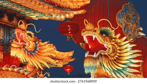 Beijing, china. large lantern composition at zigong festival. national color. chinese dragon is legendary creature in mythology symbolize potent and auspicious powers, particula...