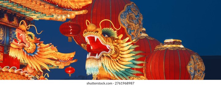 Beijing, china. large lantern composition at zigong festival. national color. chinese dragon is legendary creature in mythology symbolize potent and auspicious powers, particula...