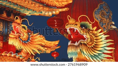 Beijing, china. large lantern composition at zigong festival. national color. chinese dragon is legendary creature in mythology symbolize potent and auspicious powers, particula...