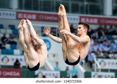 Beijing, China - MARCH 7, 2019: Daniel Goodfellow / Jack Laugher Of Great Britain Compete In The Men's 3m Synchro Springboard Final During Day One Of The FINA/NVC Diving World Series 2019 Beijing Stat