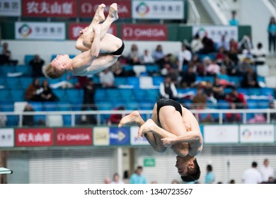 Beijing, China - MARCH 7, 2019: Daniel Goodfellow / Jack Laugher Of Great Britain Compete In The Men's 3m Synchro Springboard Final During Day One Of The FINA/NVC Diving World Series 2019 Beijing Stat