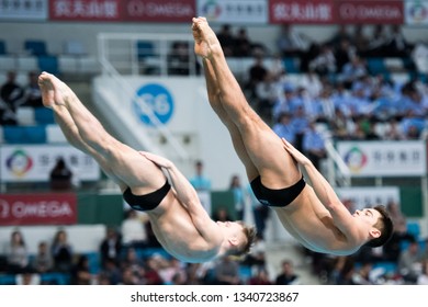 Beijing, China - MARCH 7, 2019: Daniel Goodfellow / Jack Laugher Of Great Britain Compete In The Men's 3m Synchro Springboard Final During Day One Of The FINA/NVC Diving World Series 2019 Beijing Stat