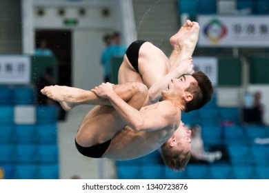 Beijing, China - MARCH 7, 2019: Daniel Goodfellow / Jack Laugher Of Great Britain Compete In The Men's 3m Synchro Springboard Final During Day One Of The FINA/NVC Diving World Series 2019 Beijing Stat