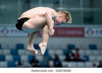 Beijing, China - MARCH 8, 2019: Jack Laugher Of Great Britain Compete In The Men's 3m Springboard Final During Day Two Of The FINA/CNSG Diving World Series 2019 Beijing Station At The National Aquatic