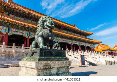 Beijing, China - May 26, 2016: Bronze lion in front of the Hall of Supreme Harmony in Beijing Forbidden City, Forbidden City is one of China's landmarks