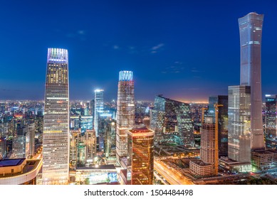 Beijing, China Modern Financial District Skyline On A Nice Day With Blue Sky.