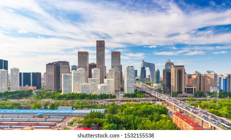 Beijing, China Modern Financial District Skyline On A Nice Day With Blue Sky.