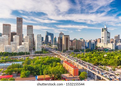 Beijing, China Modern Financial District Skyline On A Nice Day With Blue Sky.