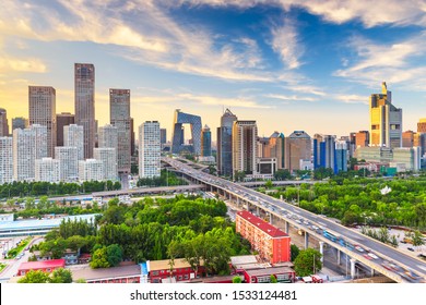 Beijing, China Modern Financial District Skyline At Dusk.