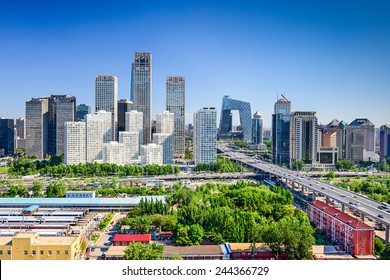 Beijing, China Modern Financial District Skyline On A Nice Day With Blue Sky.