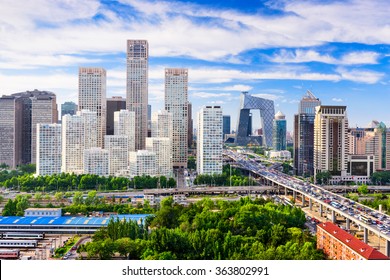 Beijing, China Modern Financial District Skyline On A Nice Day With Blue Sky.