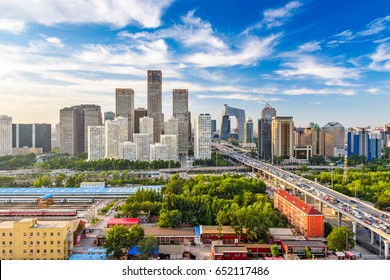 Beijing, China Modern Financial District Skyline On A Nice Day With Blue Sky.