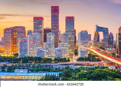 Beijing, China Modern Financial District Skyline At Dusk.