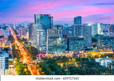 Beijing, China Modern Financial District Skyline At Dusk.