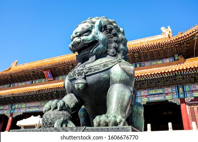 BEIJING, CHINA - OCT 05 2019: The Chinese or Imperial Guardian Lion at the Forbidden City Main hall entrance.