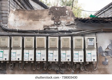 BEIJING, CHINA - OCT 11, 2017 : Smart Electrical Meters At Hutong Alley