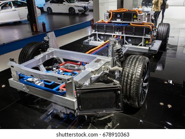 BEIJING, CHINA - OCTOBER 15, 2016: An Electric Vehicle Structure Is On Display At Qiantu  Motor Booth During The China International New Energy Automobile Exhibition 