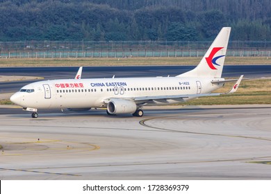 Beijing, China - October 2, 2019: China Eastern Airlines Boeing 737-800 airplane at Beijing Capital airport (PEK) in China. Boeing is an American aircraft manufacturer headquartered in Chicago.