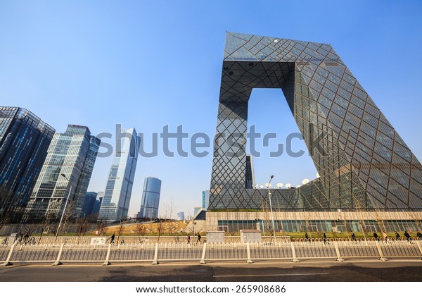 BEIJING, CHINA - On March\
24? 2015: China Central Television (CCTV) Headquarters in the\
daytime   it\'s a 234 m skyscraper. CCTV is the National TV station\
of China.
