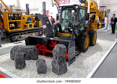 Beijing, China - Sept 21, 2017: Skid Steer Loader XCMG With Snow Equipment At BICES 2017, Beijing