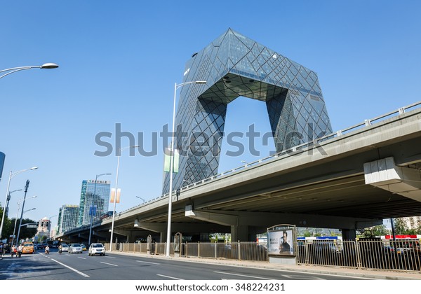 Beijing, China - September 19, 2015:China Central\
Television (CCTV) Headquarters Building scenery??China Central\
Television building is a 234 m skyscraper,CCTV is the National TV\
station of China.